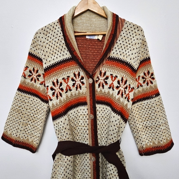 Vintage Boho 60's 70's Fall Color Aztec Button Front Belted Cozy Long Sweater - Picture 2 of 14